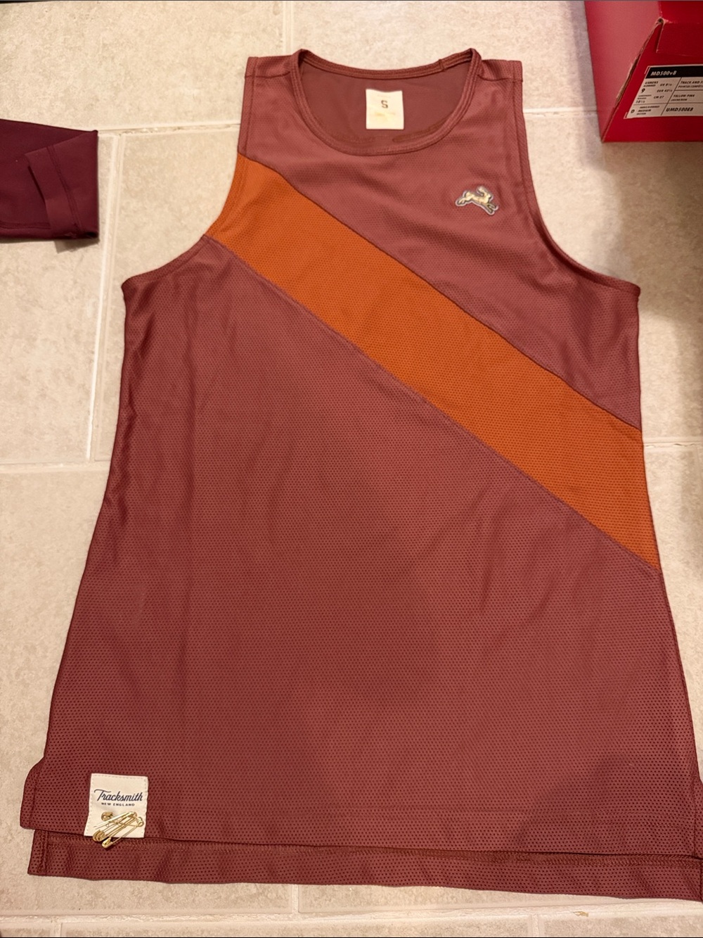 Tracksmith Maroon Dress with Orange Diagonal Stripe